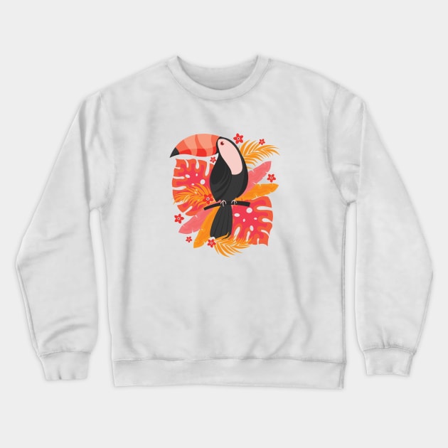 Toucan with Tropical Leaves and Flowers Crewneck Sweatshirt by EliveraDesigns